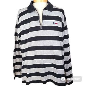 Vintage Y2K Tommy Hilfiger Mens Size XXL Gray Stripes Rugby Shirt Retro Preppy